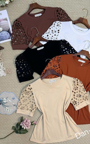 T-Shirt Renda Vazada de Algodão/Malha