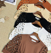 T-Shirt Renda Vazada de Algodão/Malha