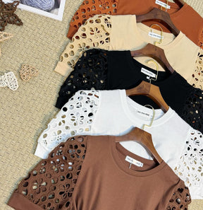 T-Shirt Renda Vazada de Algodão/Malha